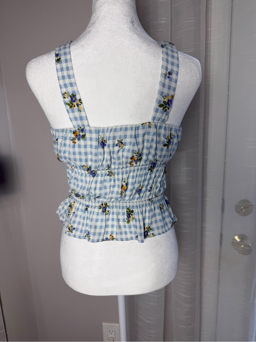 Reformation Liya Top Light Blue Gingham Smocked Floral Tank Small - Picture 7 of 10